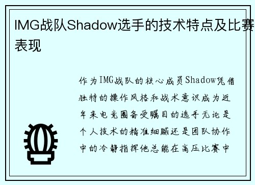 IMG战队Shadow选手的技术特点及比赛表现